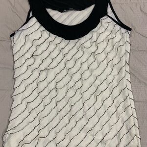Carolee Black and White Asymmetrical Ruffled Tank Top